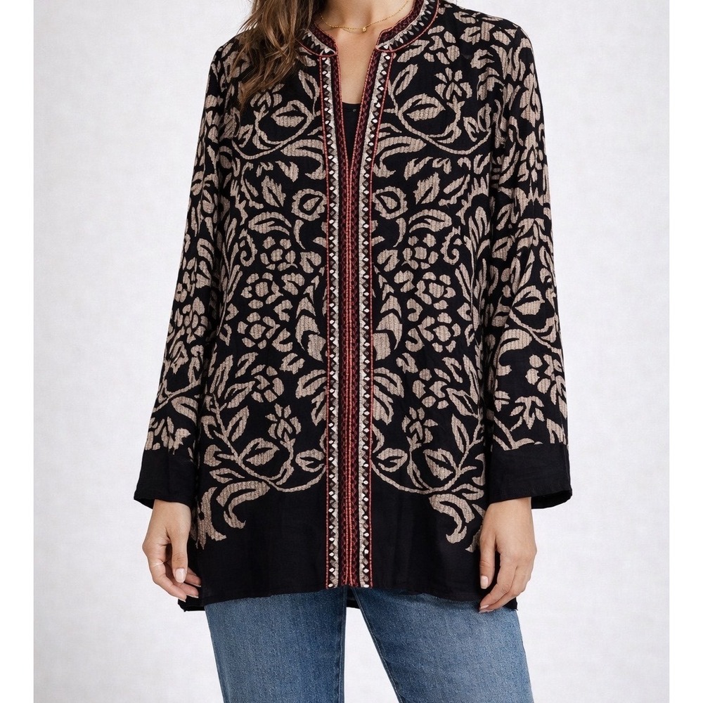 Karyn Seo XL Black Tan Floral Embroidered Tunic Viscose Boho Ethnic Blouse L2